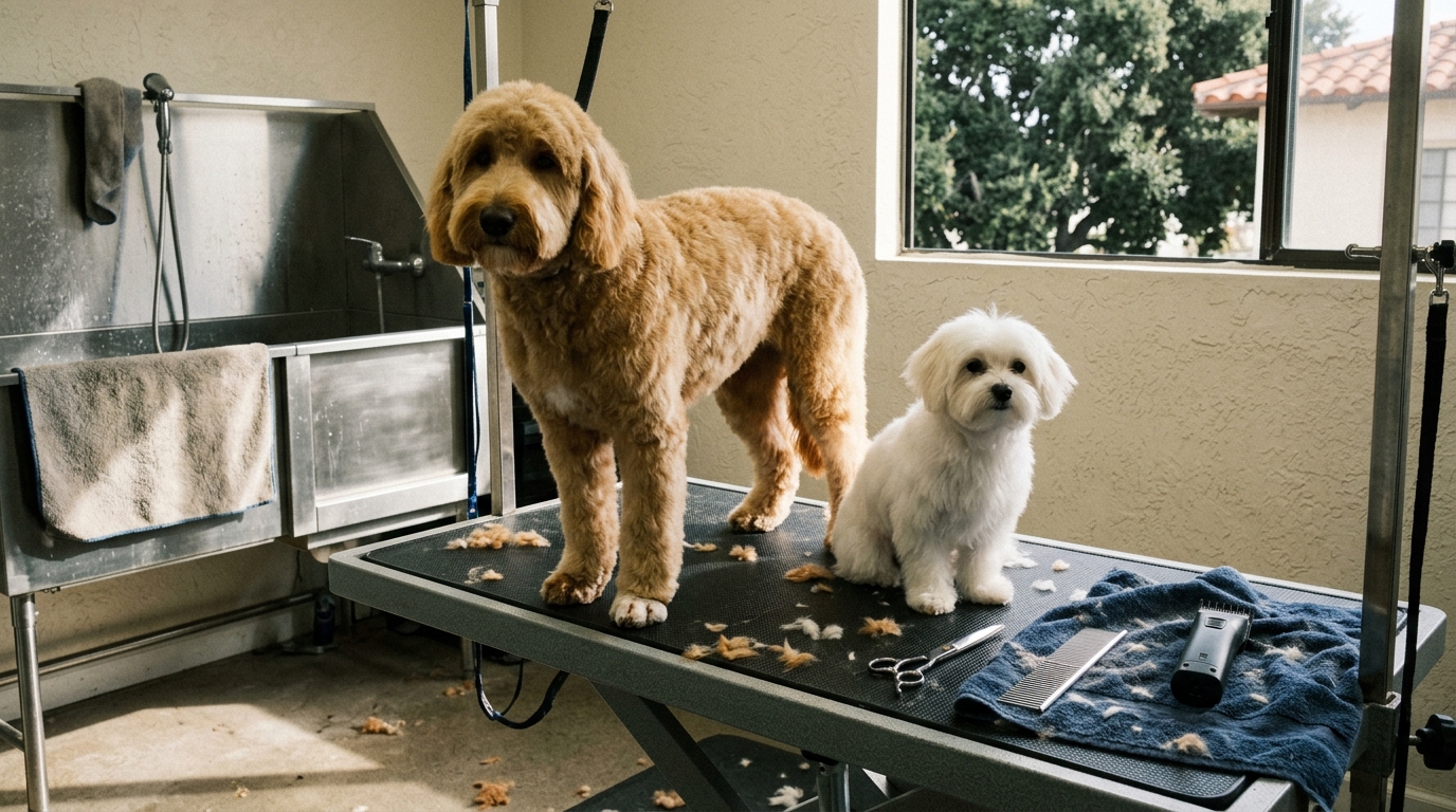 Two freshly groomed dogs on the grooming table
