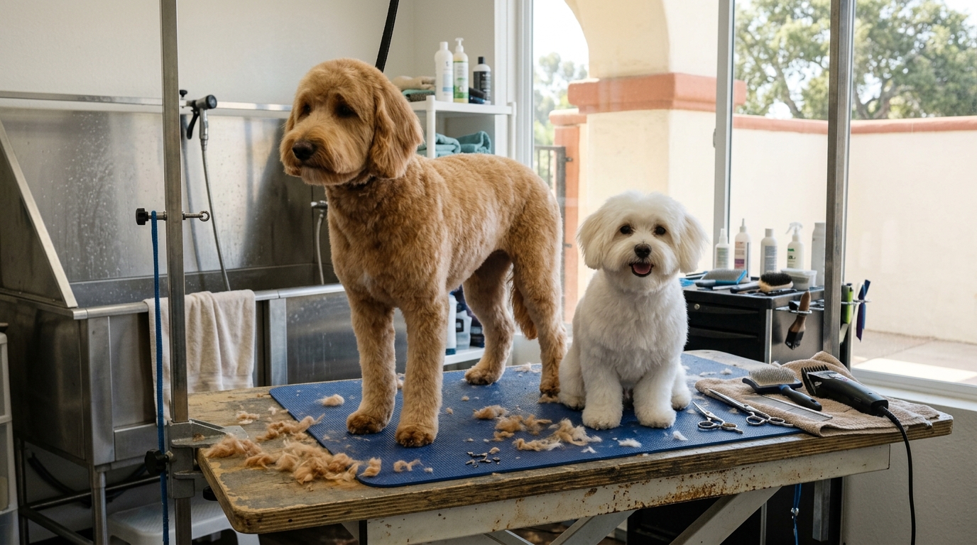 A doodle and a Maltese after their cuts, tools on the table
