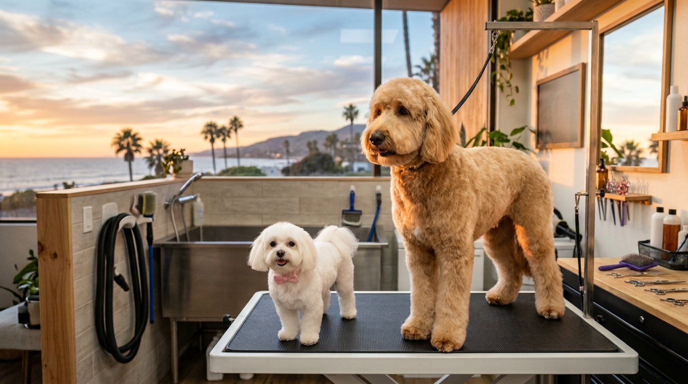 A freshly groomed doodle and a Maltese on the table